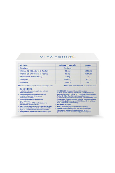 Vitafenix Angard Glutatyon (İNDİRGENMİŞ/REDUCED) Içeren Takviye Edici Gıda 20 Kapsül