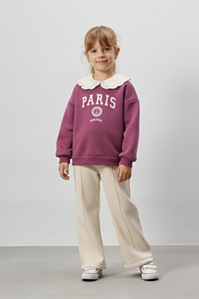 Minipodyum Printed Brode Collar Girl's Bottom Top Set