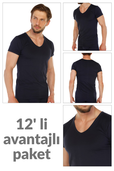 TOLIN Pack of 12 100% Cotton Navy Blue Men's Single Jersey V-Neck Undershirt 317
