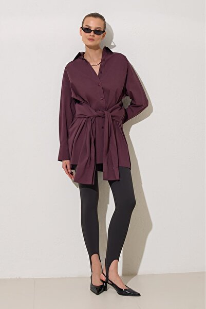 Setre Bordo %100 Pamuklu Belden Bağlama Detaylı Uzun Kollu Gömlek