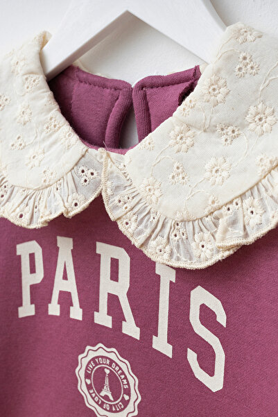 Minipodyum Printed Brode Collar Girl's Bottom Top Set