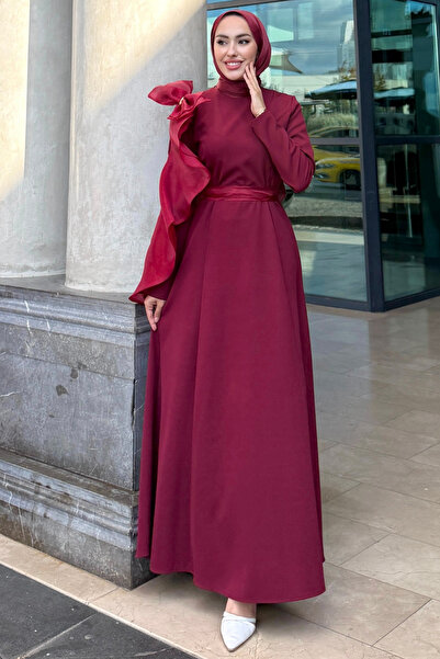 Tesettür Diyarı Kadın Fiyonk Detaylı Krep Kumaş Füsun Abiye Elbise- Bordo