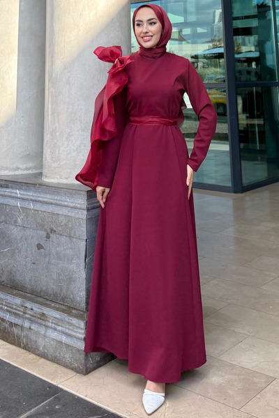 Tesettür Diyarı Kadın Fiyonk Detaylı Krep Kumaş Füsun Abiye Elbise- Bordo