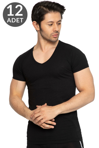 TOLIN 12 Pack Black Men's V-Neck Undershirt 317 - 100% Cotton