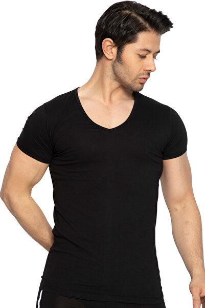 TOLIN Мъжка черна тениска с V-образно деколте от 100% памучен джърси, модел 317