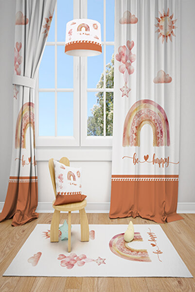Talia Home Gökkuşağı Be Happy Desenli Çocuk Odası 2 Kanat Fon Perde TLA-327