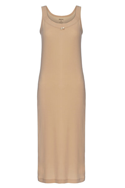 TOLIN %100 Pamuk Kadın Biyeli Uzun Ribana Kombinezon Gecelik Ten Rengi 1231