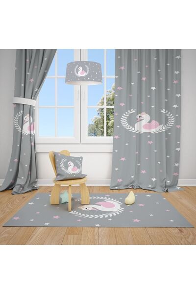 Talia Home Başak Ve Kuğu Desenli Çocuk Ve Bebek Odası Fon Perdesi 2 Kanat Tla...