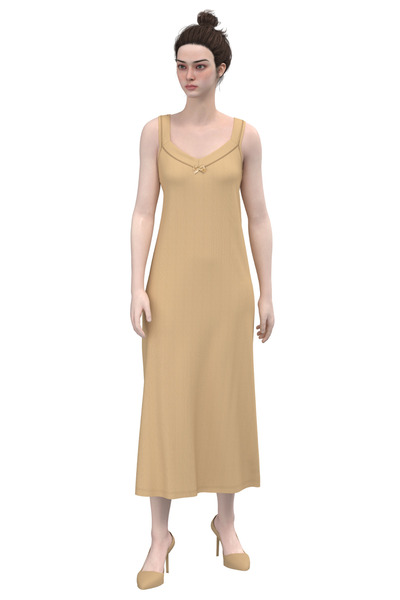 TOLIN %100 Pamuk Kadın Biyeli Uzun Ribana Kombinezon Gecelik Ten Rengi 1231