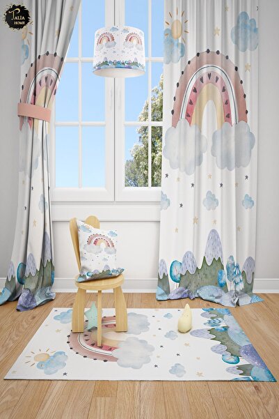Talia Home Дитяча кімната з малюнком хмар і веселки 2-стулкові штори TLA-309