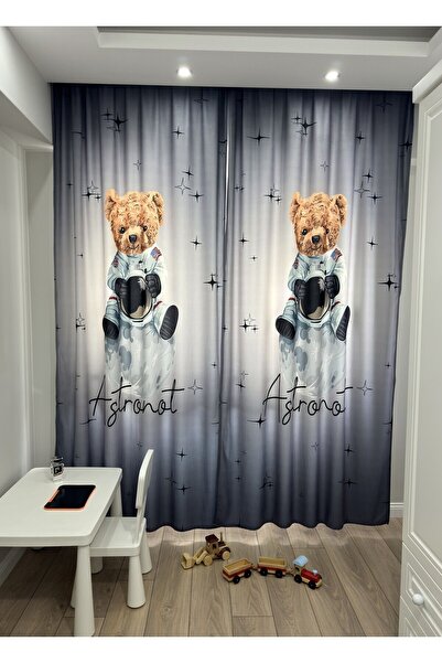 Talia Home Cute Bear Astronaut Patterned Children's Room 2 Wings Background Curtain TLA-316