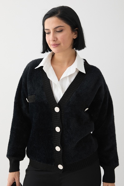 InStyle Μαύρη Πλεκτή Ζακέτα - Τσέπη Λεπτομερής και Γούνινη