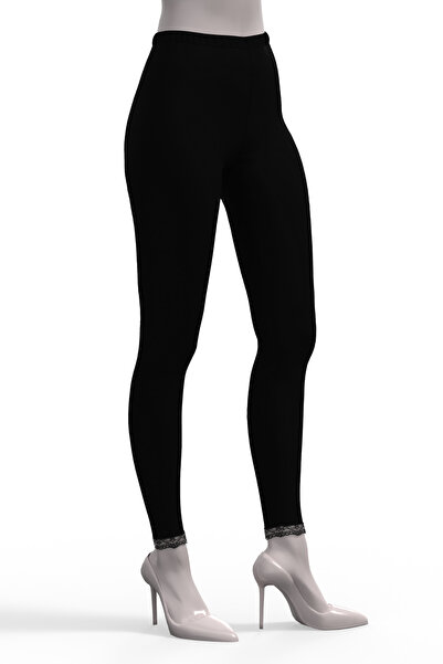 TOLIN %100 Pamuklu Kadın Dantelli Uzun Iç Giyim Siyah Tayt 720