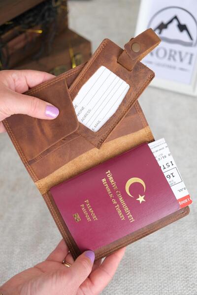Norvi Leather Genuine Leather Passport Cover and Luggage Tag Hazelnut Color 1118
