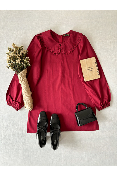 KÜÇÜĞÜM BUTİK Burgundy Color Baby Collar Long Poplin Tunic