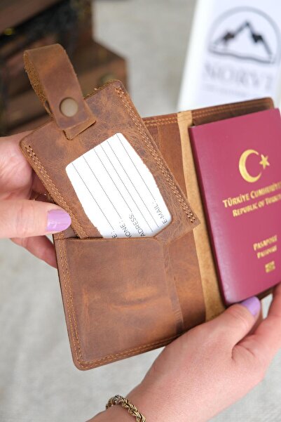 Norvi Leather Genuine Leather Passport Cover and Luggage Tag Hazelnut Color 1118