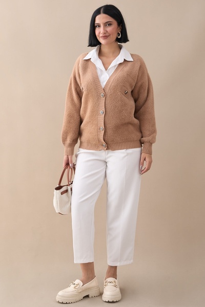 InStyle Camel Трикотажний кардиган - з кишенями та хутром