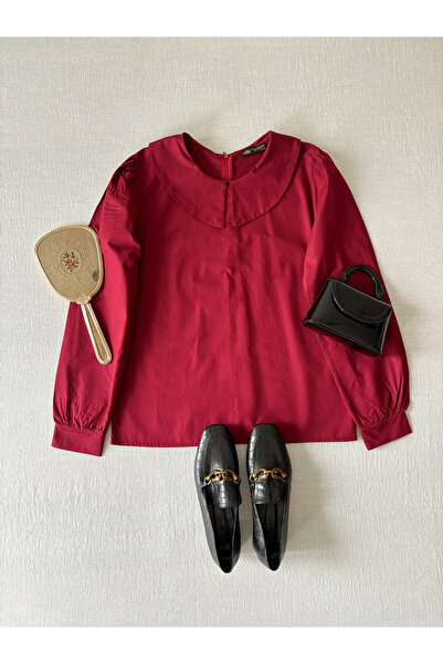 KÜÇÜĞÜM BUTİK Claret Red Small Collar Poplin Blouse