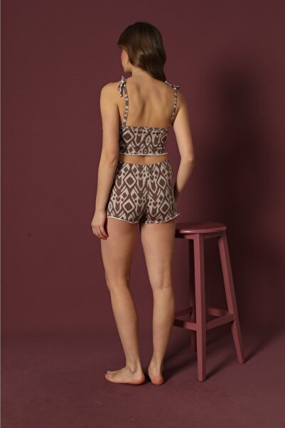 Sude HOMEWEAR Σετ πιτζάμες καφέ Sude - Σχοινί λουράκι και μοτίβο σορτς με βολάν