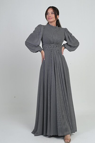 By Saygı Women's Front Draped Spotted Long Chiffon Dress