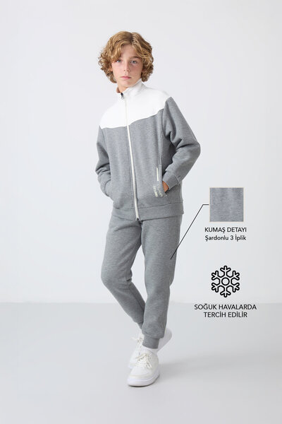 TOMMY LIFE Γκρι μελανζέ βαμβακερό χοντρό και χοντρό εσωτερικό κέντημα Standard Fit Κεντημένο σετ αθλητικής φόρμας για αγόρια - 11240