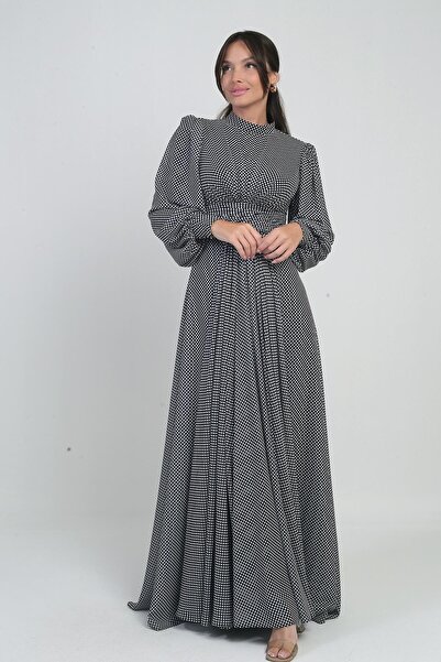 By Saygı Women's Front Draped Spotted Long Chiffon Dress