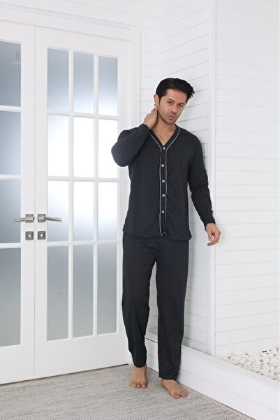 Sude HOMEWEAR - Ercan Μπροστινό Κουμπωτό Μαύρο Ανδρικό Pjm Tkm