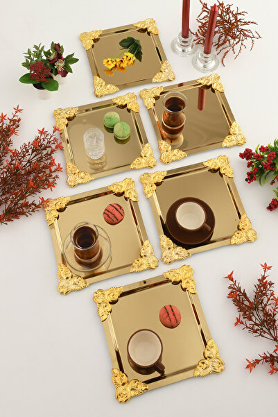 AKSESUAR EVRENİ Pietra Gold 6-Piece Decorative Stainless Steel Special Presentation Tray with 4 Corners and Gold Flower Detail