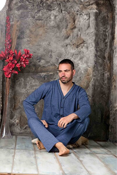Sude HOMEWEAR Erkek Petrol Mavisi Uzun Kollu Önden Düğmeli Süprem Kumaş Pijama Takımı