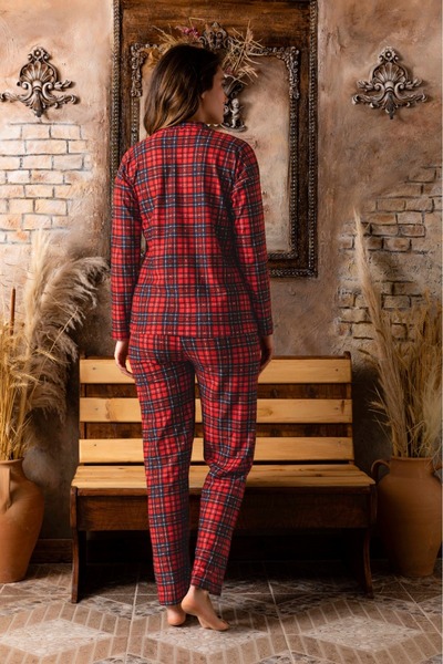 Sude HOMEWEAR Női piros kockás ing velúr pizsama szett