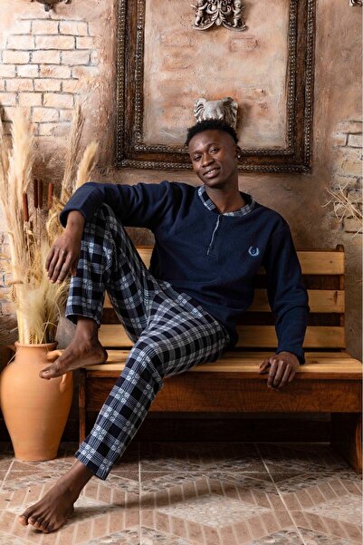 Sude HOMEWEAR Σετ ανδρικής πιτζάμες Navy Blue καρό φλις