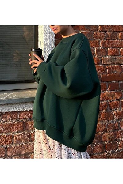 COMBİNE MİCHAİL Kadın Oversize Kalın Şardonlu Yumuşak Bisiklet Yaka Sweatshirt Koyu Yeşil
