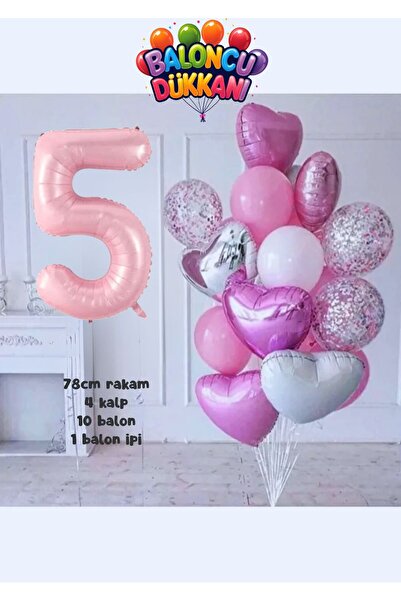 Baloncu Dükkanı 5 Yaş Pembe Doğum Günü Balon Seti – Kalpli Pembe Konsept Part...