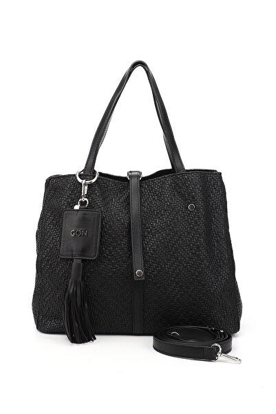 GÖNDERİ(R) حقيبة يد وكتف نسائية كبيرة الحجم من القش باللون الأسود B5125