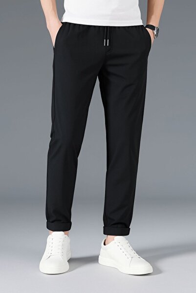 RAKİP Pike Erkek Siyah Jogger Beli Lastikli Bağcıklı Duble Paça Likralı Slim Fit Kalıp Pantolon
