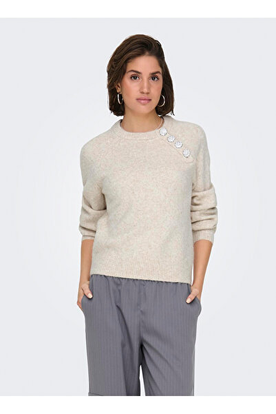 ONLY O Neck Regular Plain Light Brown Sweater Women Onllauren Life Ls O-Neck Button Knt