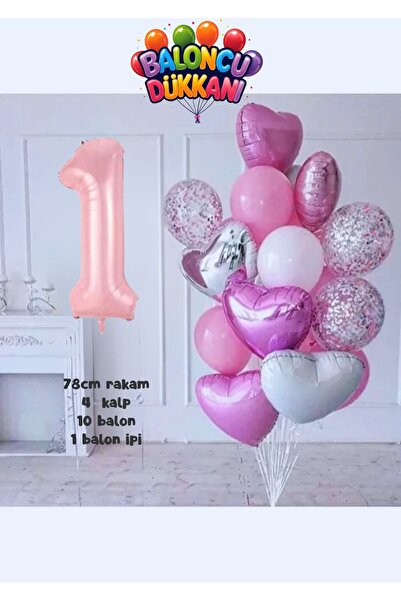 Baloncu Dükkanı 1 Yaş Pembe Doğum Günü Balon Seti – Kalpli Pembe Konsept Part...