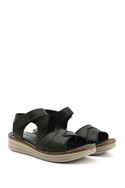 GÖNDERİ(R) Komfort-Sandalen aus echtem Leder mit Klettverschluss und Keilabsatz für Damen/Mädchen in Schwarz