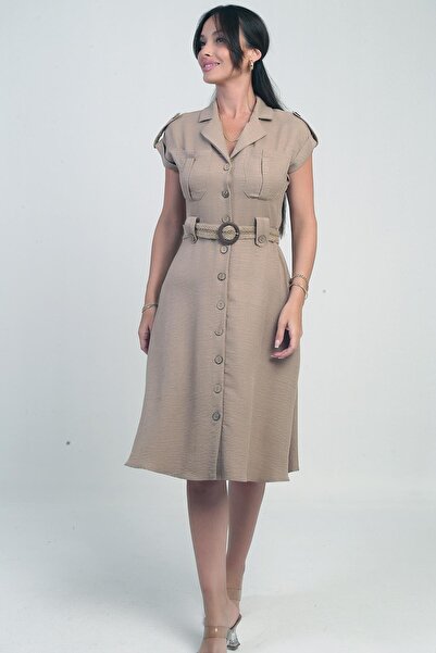 By Saygı Γυναικείο φόρεμα με πέτο με διπλή τσέπη με λινό εφέ