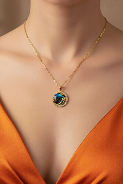 JoyShine قلادة نجمة وقمر ذهبية اللون مع حجر أزرق السماء تحت عنوان قلادة نسائي...