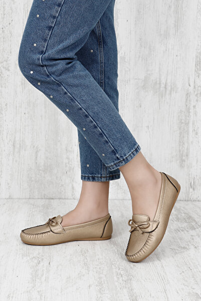 GÖNDERİ(R) Gold Heel Round Toe Flat Sole Bow Women's Ballerinas 30100