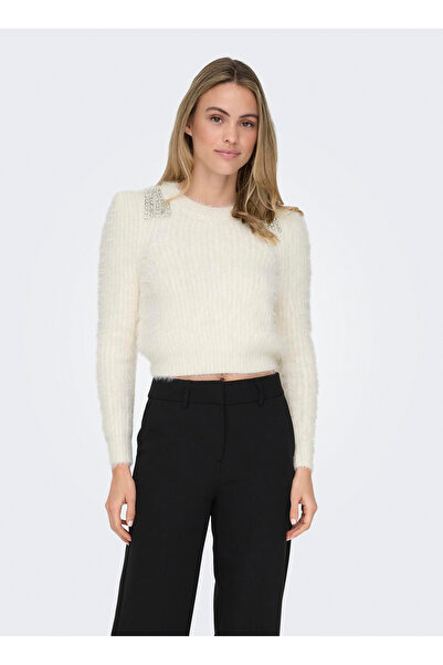 ONLY O Yaka Normal Taşlamalı Kırık Beyaz Kazak Kadın ONLSURI LS BLING CROP O-NECK PRM KN