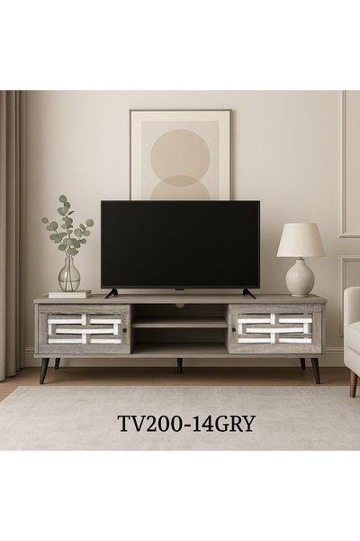 TrentonGCC TV Cabinet 140cm with Storage Shelves, Woven Door Design & Black Legs