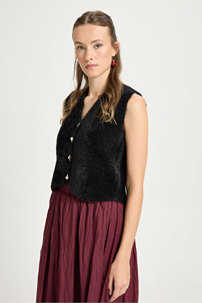 minaaise Women's Black Knitwear Vest Gold Button Detailed Soft Textured 2541