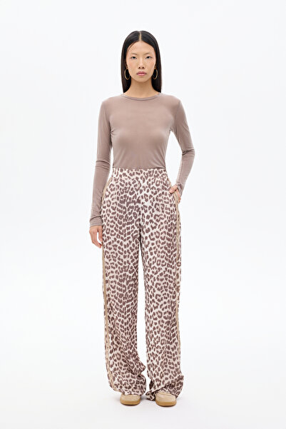 Quzu Leopar Desenli Şeritli Bol Paça Pantolon Kahverengi