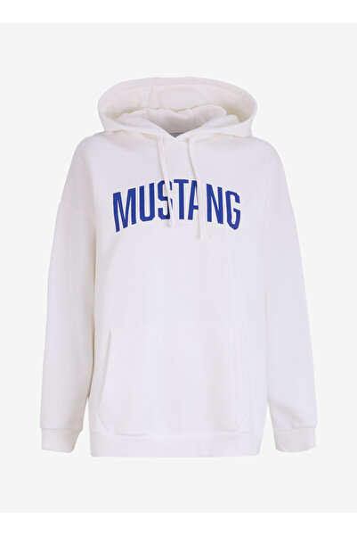 Mustang Kapüşon Yaka Baskılı Ekru Kadın Sweatshırt M4WL-SWT-1890