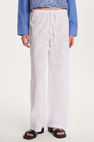 Tudors Women's Regular Fit 100% Cotton Elastic Waist Tied Wide Leg White Trousers