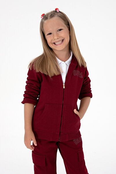 U.S. Polo Assn. Girl's Burgundy Hooded Zippered Basic Sweatshirt 50316837-Vr014