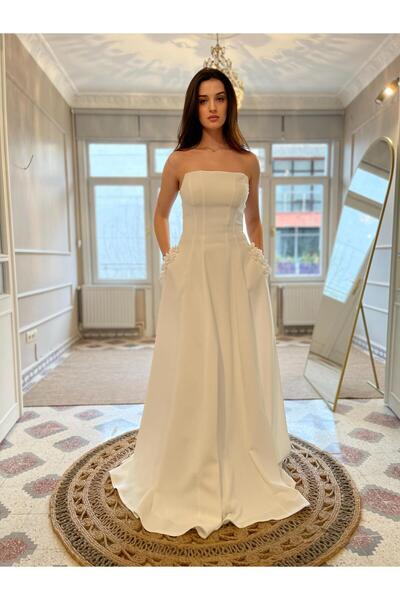 Seri Krep Uzun Kloş Cep Detay Üzeri Çiçek İşlemeli Abiye Elbise