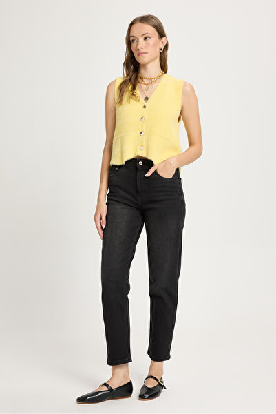 minaaise Women's Yellow Knitwear Vest Gold Button Detailed Soft Textured 2541